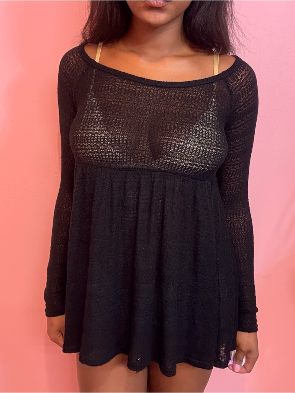 Sheer stretchy long sleeve babydoll top